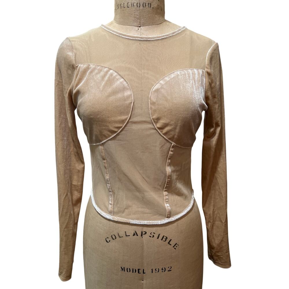 Women's Velvet Sheer Mesh Contrast Long Sleeve Pullover Crop Top Nude NWT SizeXL